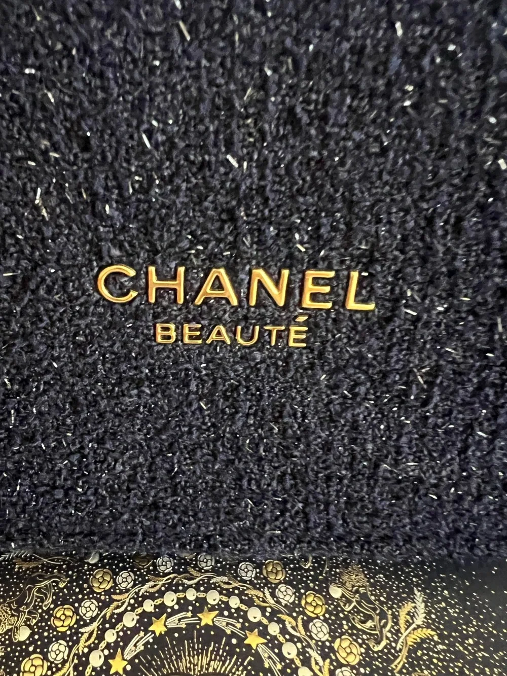 CHANEL New Navy Tweed Cosmetic Case Gold Logo in box